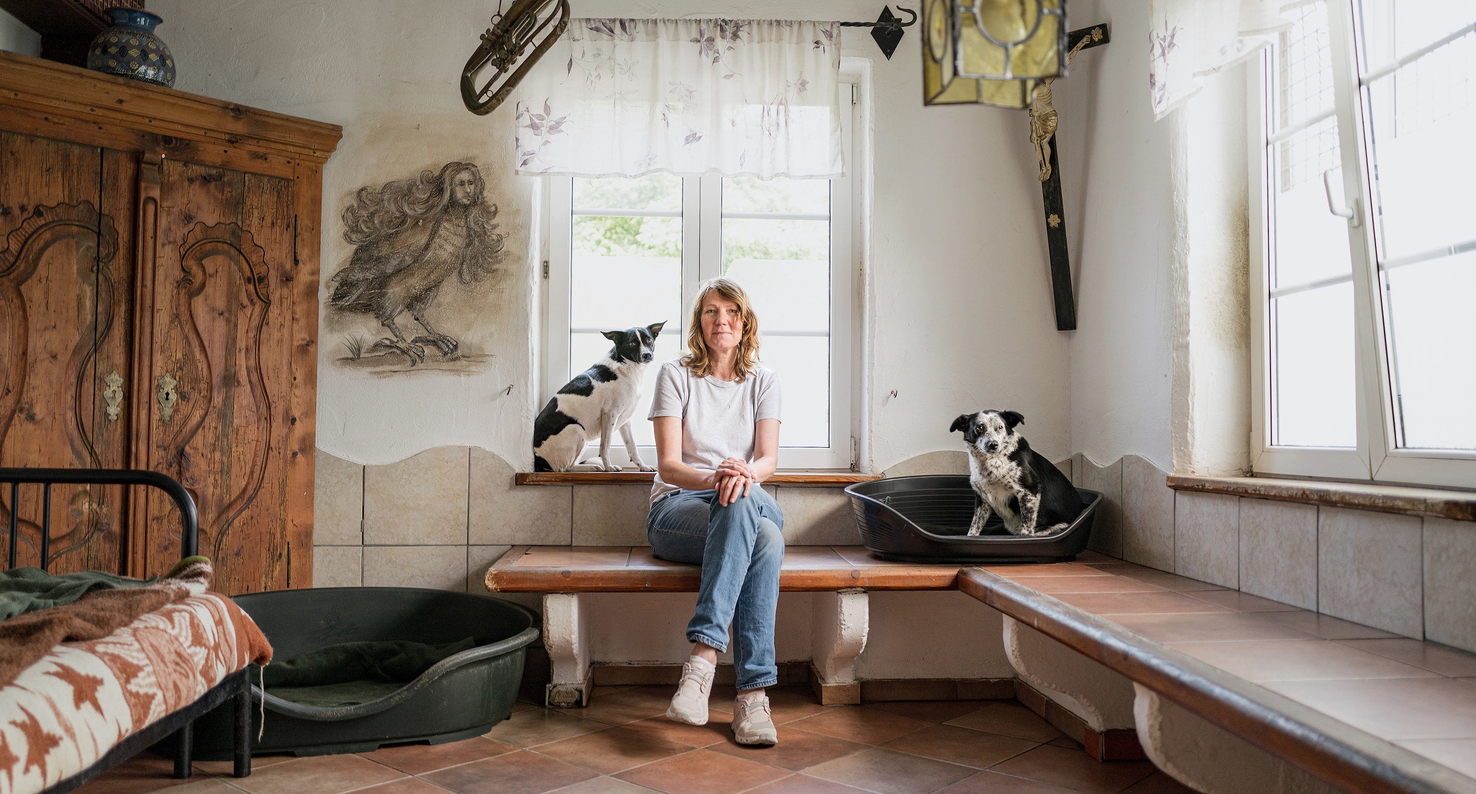 Cloud7 founder Petra Jungebluth sitting on a bench with two shelter dogs at ProAnimale