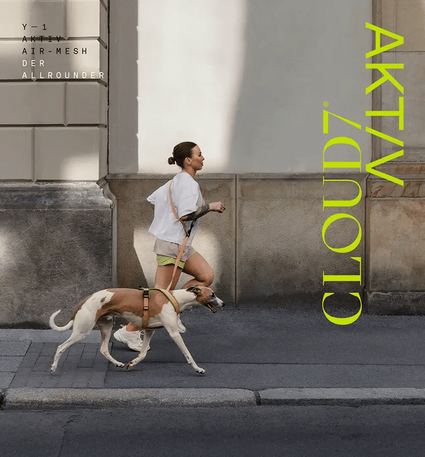 Animated GIF showing dogs and their owners in motion wearing the Y1 harness