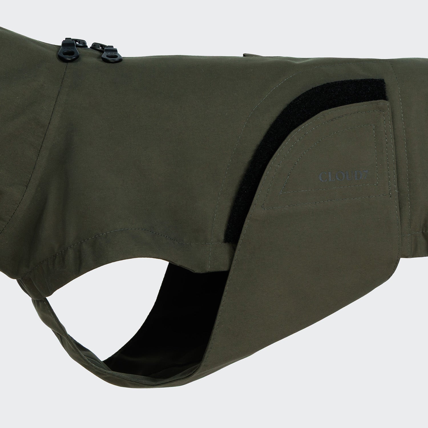 Detail image of dog raincoat in dark green