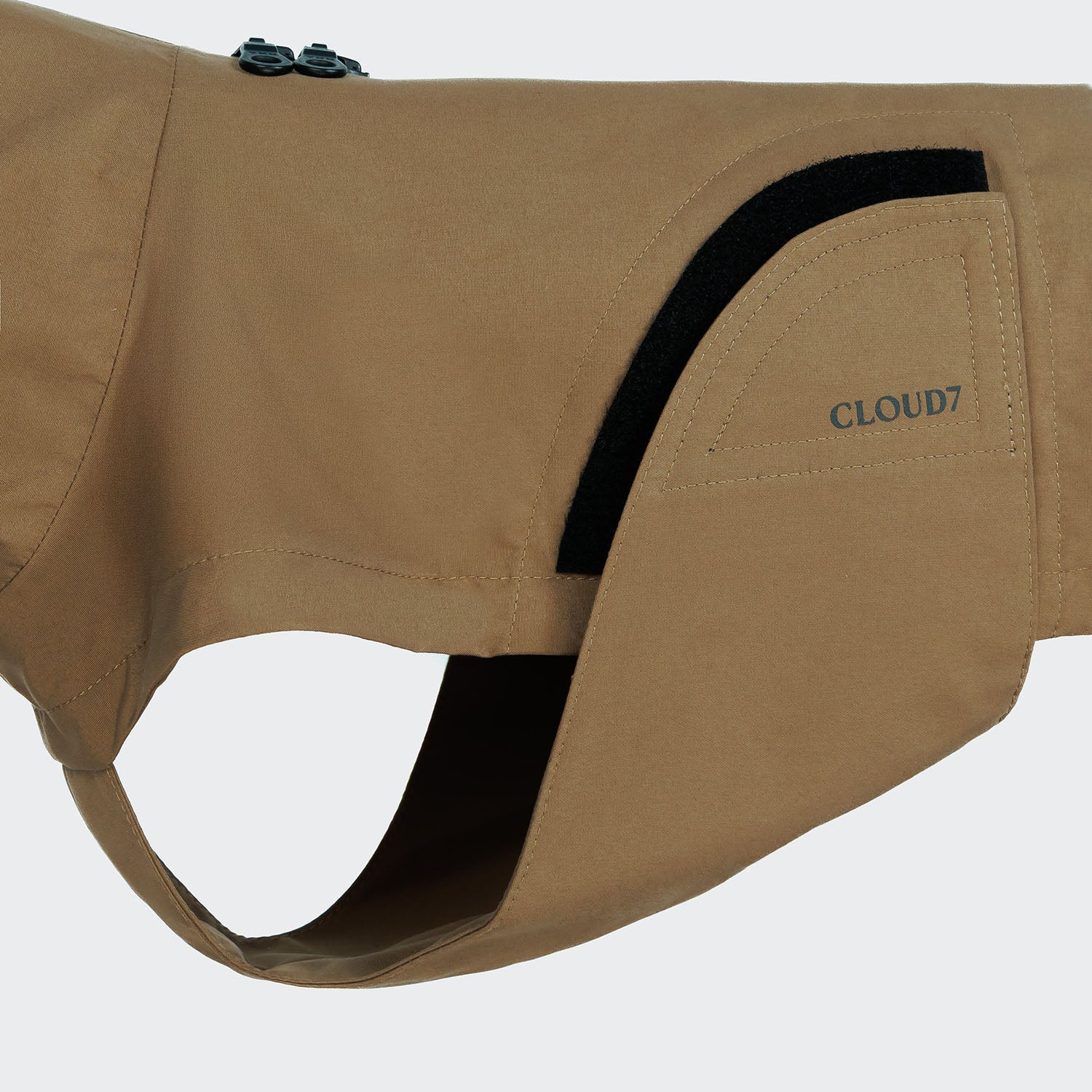 Detail image of dog raincoat in a light brown colour