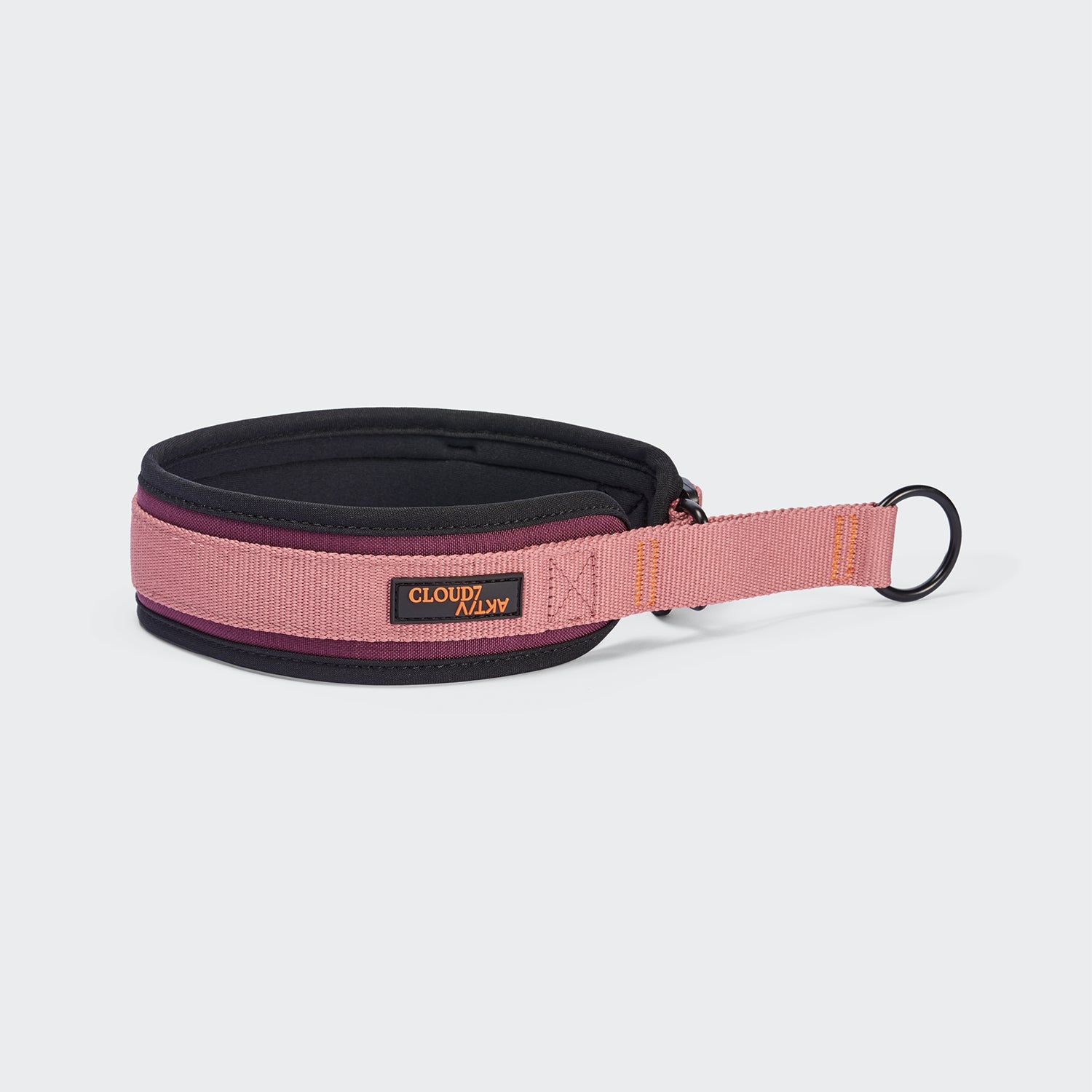 CLOUD7_ Ein C-1 Zugstopp-Halsband AKTIV Softshell in den Farben Aubergine/Soft Rose, das sich durch ein gepolstertes Design mit einem schwarzen Metallring und einem Cloud7-Etikett an der Seite auszeichnet, wird vor einem schlichten, hellen Hintergrund präsentiert. Dieses bequeme Hundehalsband verbindet stilvolle Farben mit optimalem Tragekomfort für Ihr Haustier.