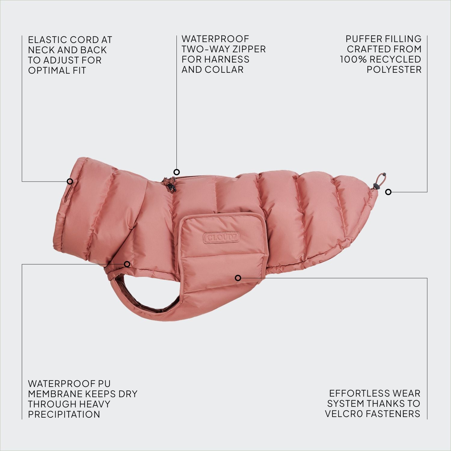 CLOUD7_ Rosa, isolierter Hundemantel mit gekennzeichneten Merkmalen, darunter Gummibänder, wasserdichter Reißverschluss, Füllung aus recyceltem Daunenmaterial, Klettverschlüsse und Wärmeisolierung für Temperaturen bis zu -15 °C. Symbole und Text erläutern die einzelnen Funktionen.