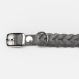 Silver buckle of a grey braided leather dog collar