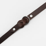 Dark brown leather dog collar with braided detail and silver ring