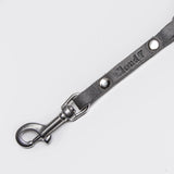 Silver carabiner and rivets of a grey braided leather leash for dogs