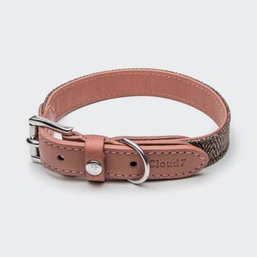 Closed elegant collar made of brown herringbone and pink leather