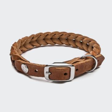 Closed light brown braided leather dog collar with silver buckle