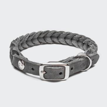 Closed grey braided leather collar for dogs with silver buckle