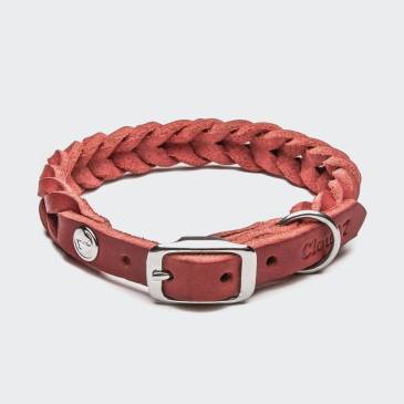 Closed braided leather collar for dogs in red with silver buckle