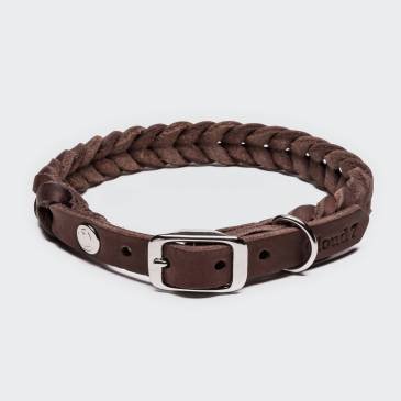 Closed braided leather collar in brown leather with silver buckle