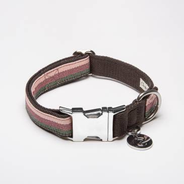 Closed dog collar made of fabric with stripes in pink, pink, olive and brown