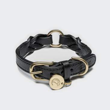 braided black leather dog collar with brass parts