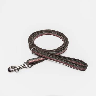 Draped fabric dog leash with stripes in pink, pink, olive and brown with hand loop