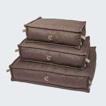 3 light brown dog beds made of fishbone fabric