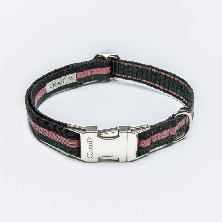 Vegan webbing dog collar with stripes in pink, green, black