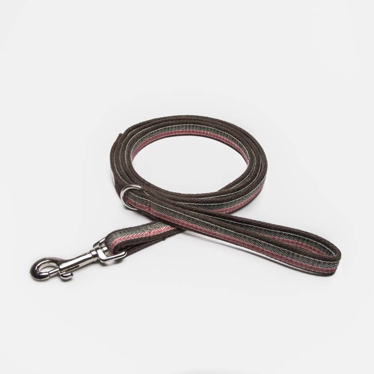 Draped fabric dog leash with stripes in pink, pink, olive and brown with hand loop