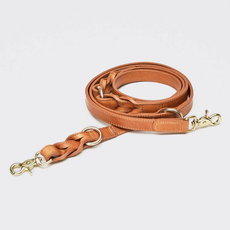 Natural brown leather leash rolled up with golden metal parts and braided details