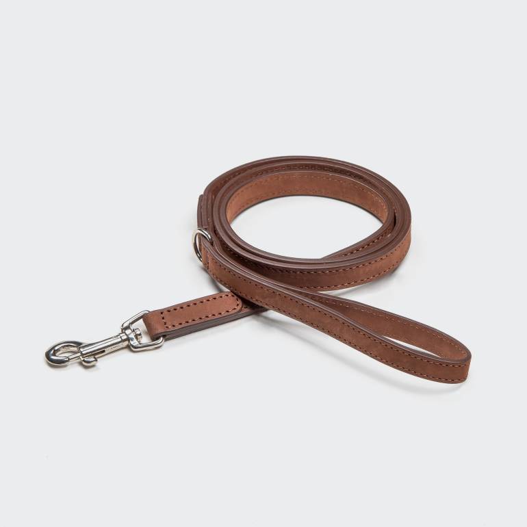 Rolled up Cloud7 dog leather leash with hand loop and silver clasp